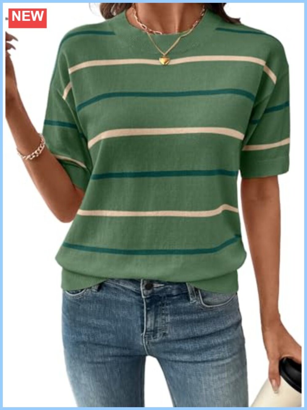 SHEWIN Womens Striped Knit Sweater Pullover Short Sleeve Crewneck Top
